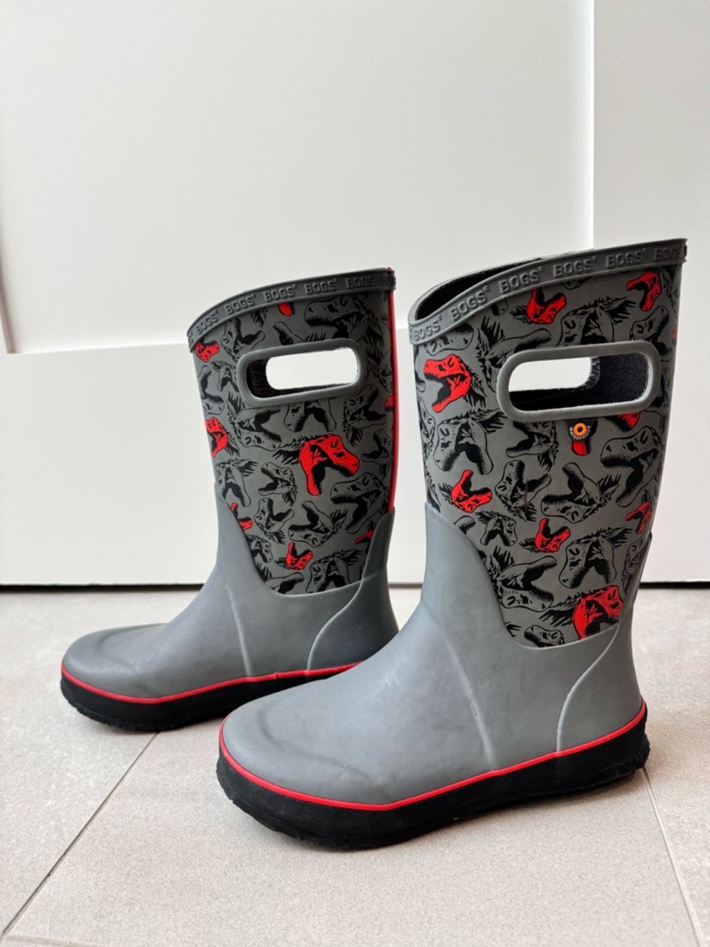 Bogs Kids Gray & Red Dinosaur Rain Boots